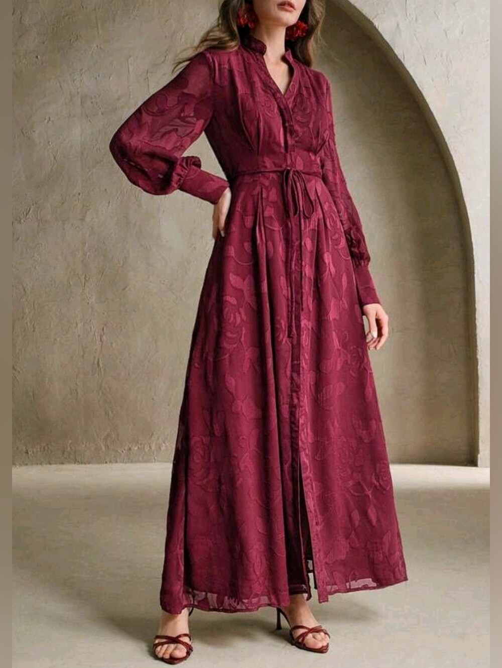 New Flowy Jacquard Lace Maxi Dress Long Sleeve Burgundy Red